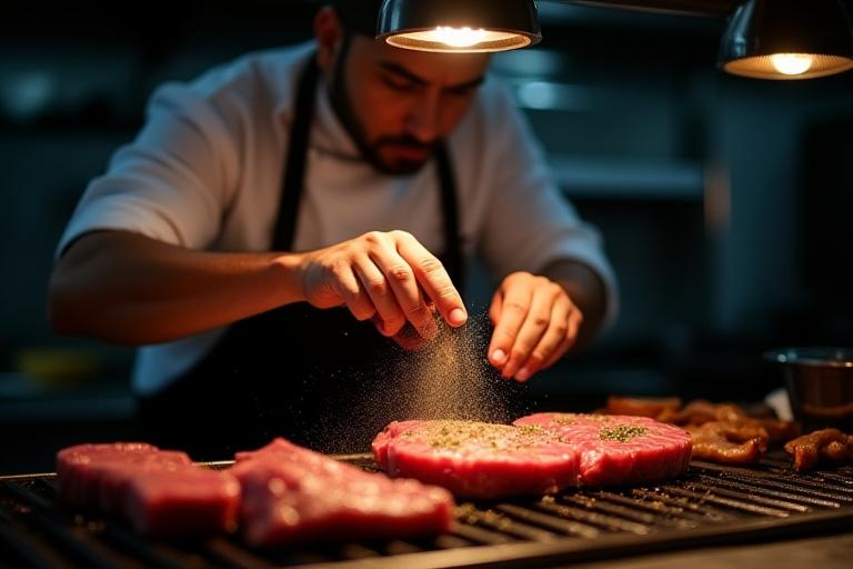 A chef meticulously seasoning meat on a grill, perfectly illuminated by GleamBeam lights, highlighting the fine details.
