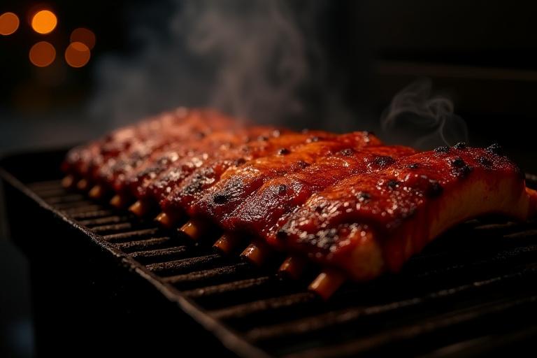 A rack of ribs on a smoker at night, perfectly lit by a GleamBeam light, showing the glistening sauce.