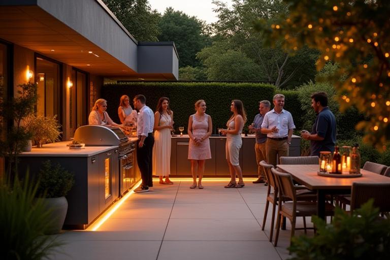 A wide shot of a modern patio with people enjoying a BBQ, the outdoor kitchen area tastefully lit by Gleam Smoke bespoke lighting.