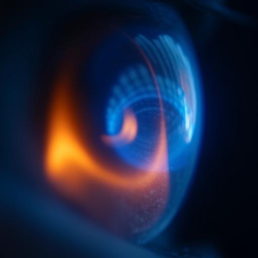 A macro shot showing a clean blue and orange flame through a specialized optical lens.